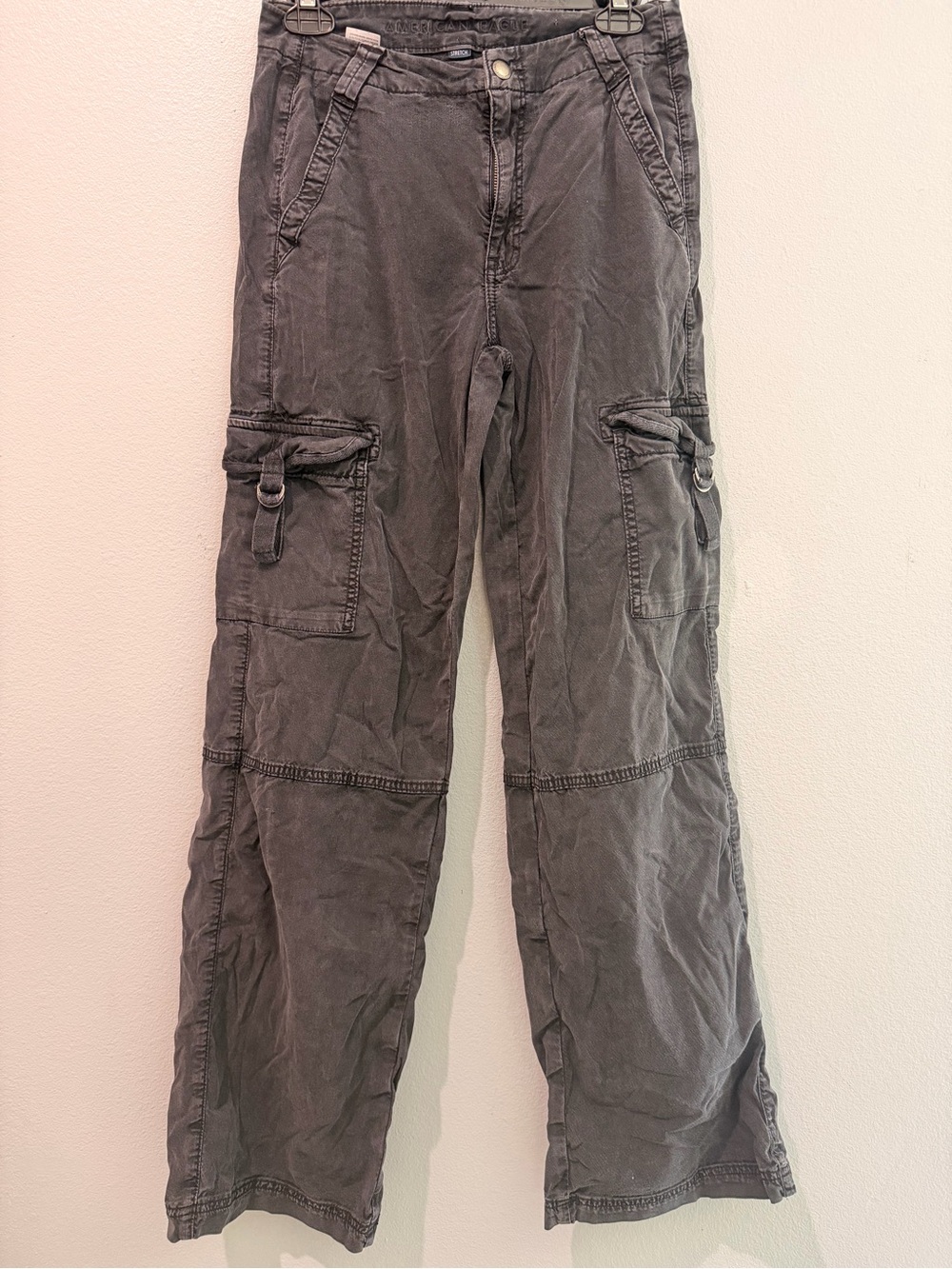 American Eagle Outfitters Wide Leg Cargo Buckle Pants in Charcoal/Washed Black 2